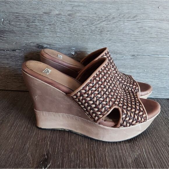Ugg 1002926 Doha Women's Brown Leather Wedge Platform Woven Sandals Size USA 8 - Picture 1 of 9